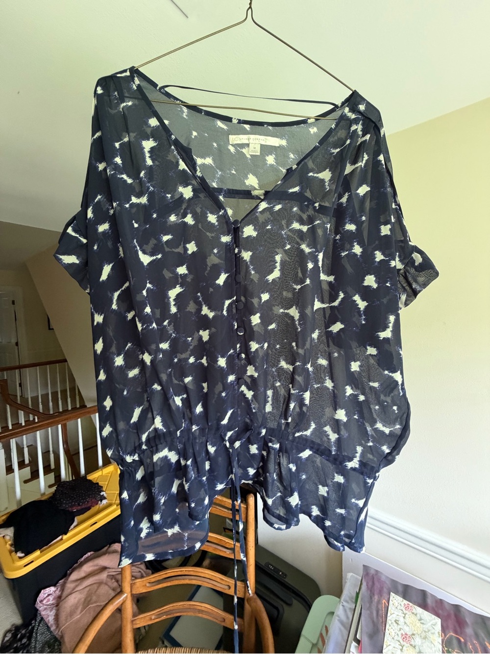 LC Lauren Conrad Black Sheer Button-Front Blouse with White Abstract Print